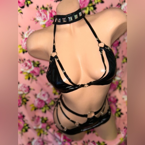 Patent leather high waist strap harness cage bikini bodysuit bondage set xl xxl - Picture 4 of 15